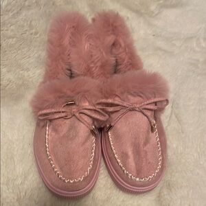 Pink Fuzzy Moccasin Slippers